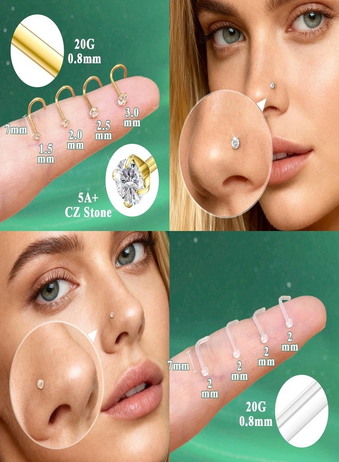ANYIWLD Hypoallergenic 8Pcs 20G Nose Ring Studs for Women, Gold/Silver 316L Surgical Stainless Steel Corkscrew Nose Studs L Shape Clear Nose Piercing Retainers Small Nose Ring CZ 1.5/2.0/2.5/3.0mm - Image 3